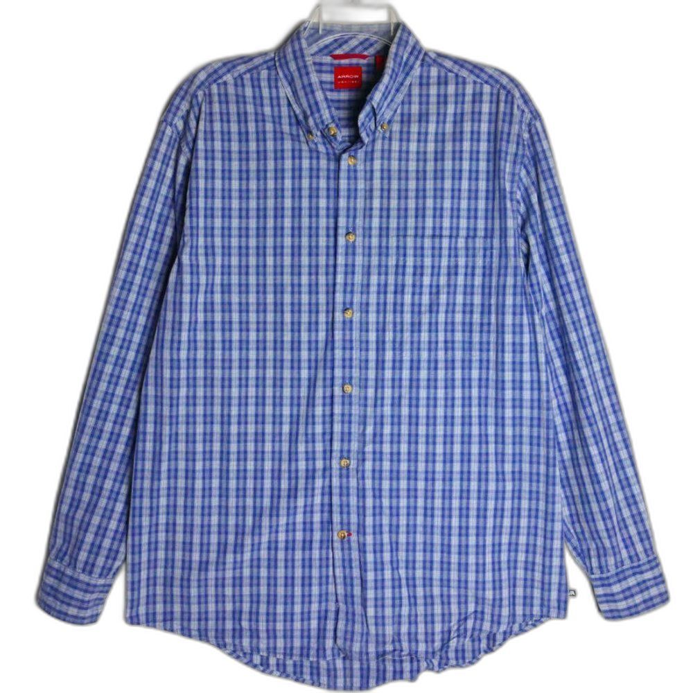 Arrow Mens  Size M Shirt Blue Plaid Long Sleeve Button Down Cotton